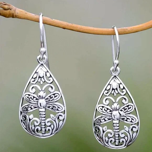 Silver Boho Teardrop Dragonfly Drop Earrings - Picture 2 of 4